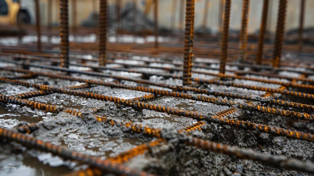 reinforced steel mesh foundations with wet concrete setting