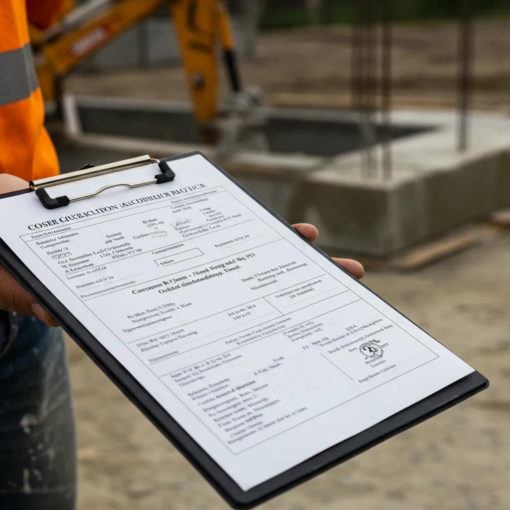 Close-up of contractor qualifications and accreditations on a clipboard at a construction site