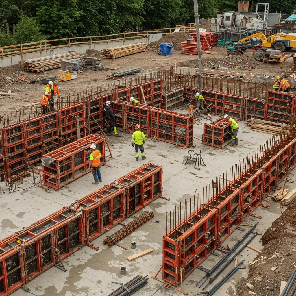 Construction site featuring diverse concrete formwork systems with workers assembling and pouring concrete