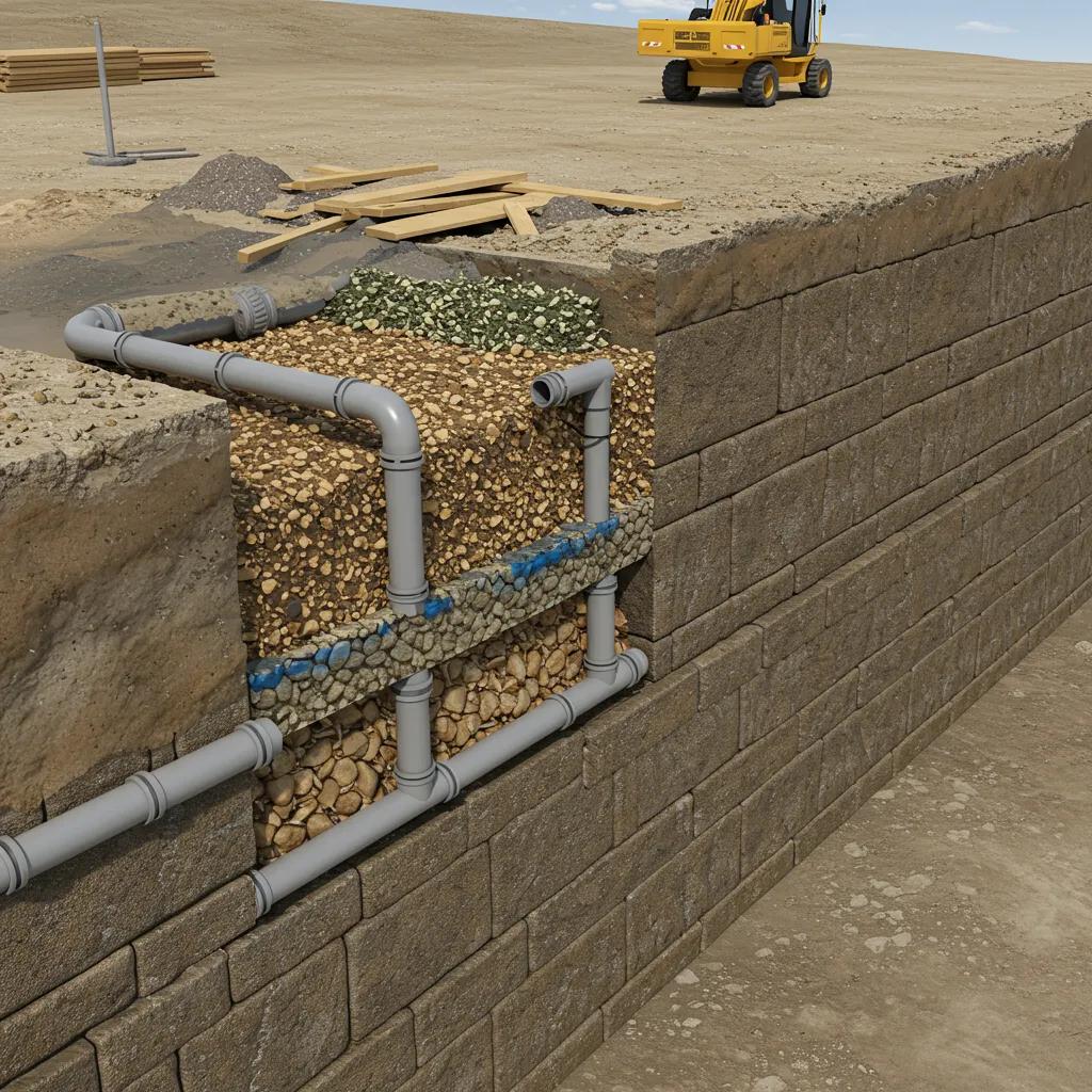 Cross-section of a retaining wall showing effective drainage solutions