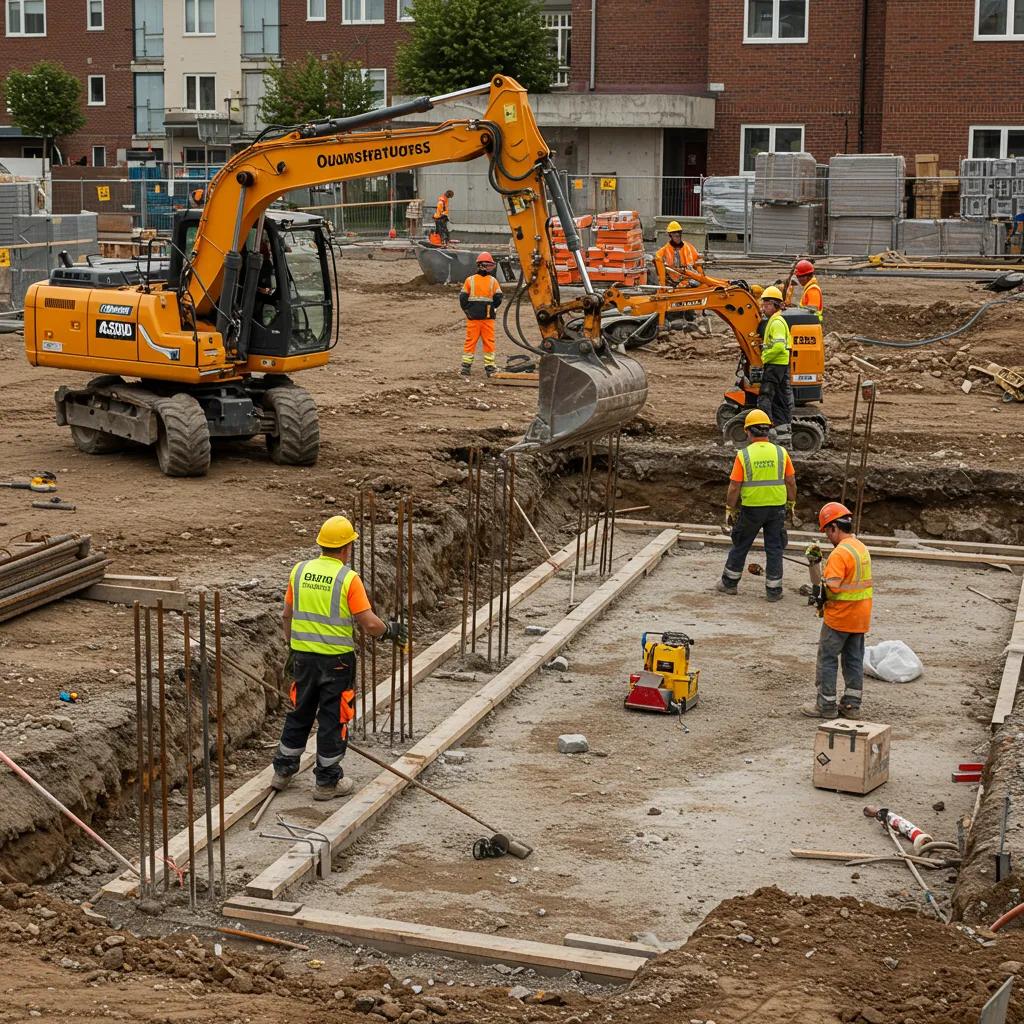 Groundworkers preparing a construction site with machinery and materials for foundation work
