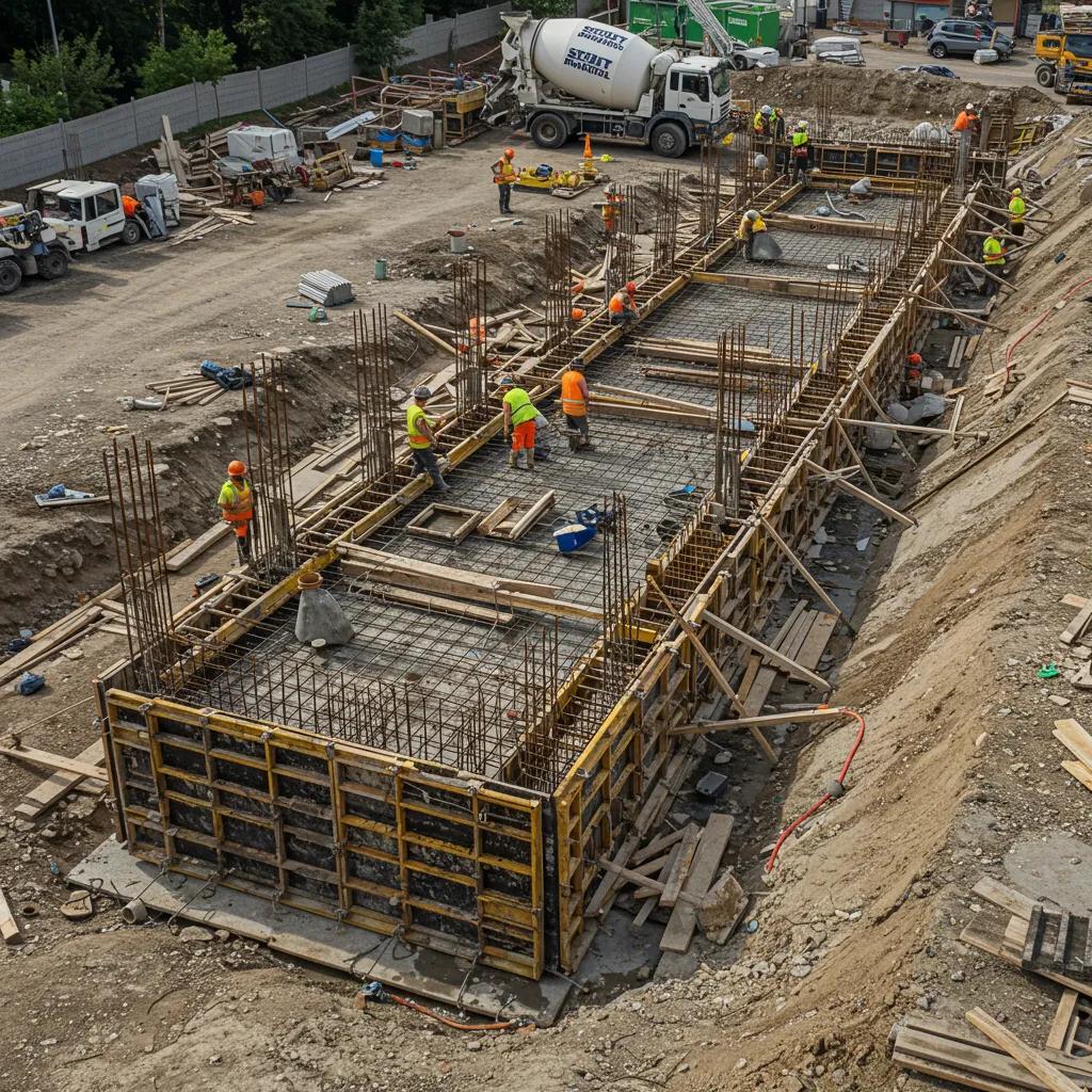 Professional concrete contractor working on a construction site with formwork and safety gear