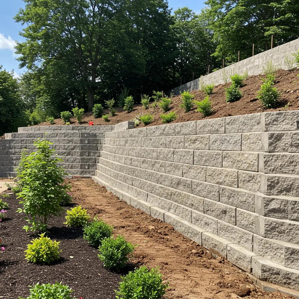 Reinforced concrete retaining wall in a garden, showcasing strength and stability