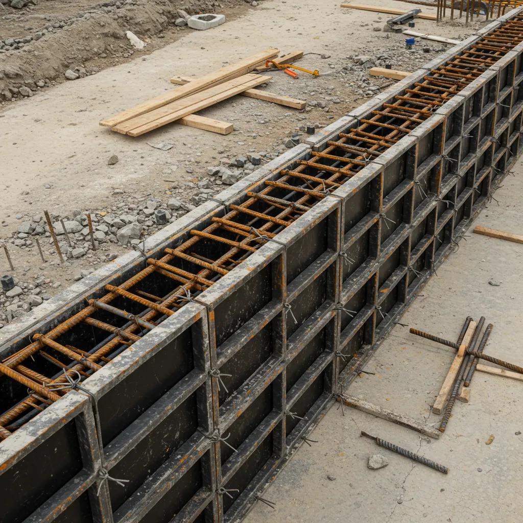 Reinforcement integration within concrete formwork showing rebar placement and supporting components