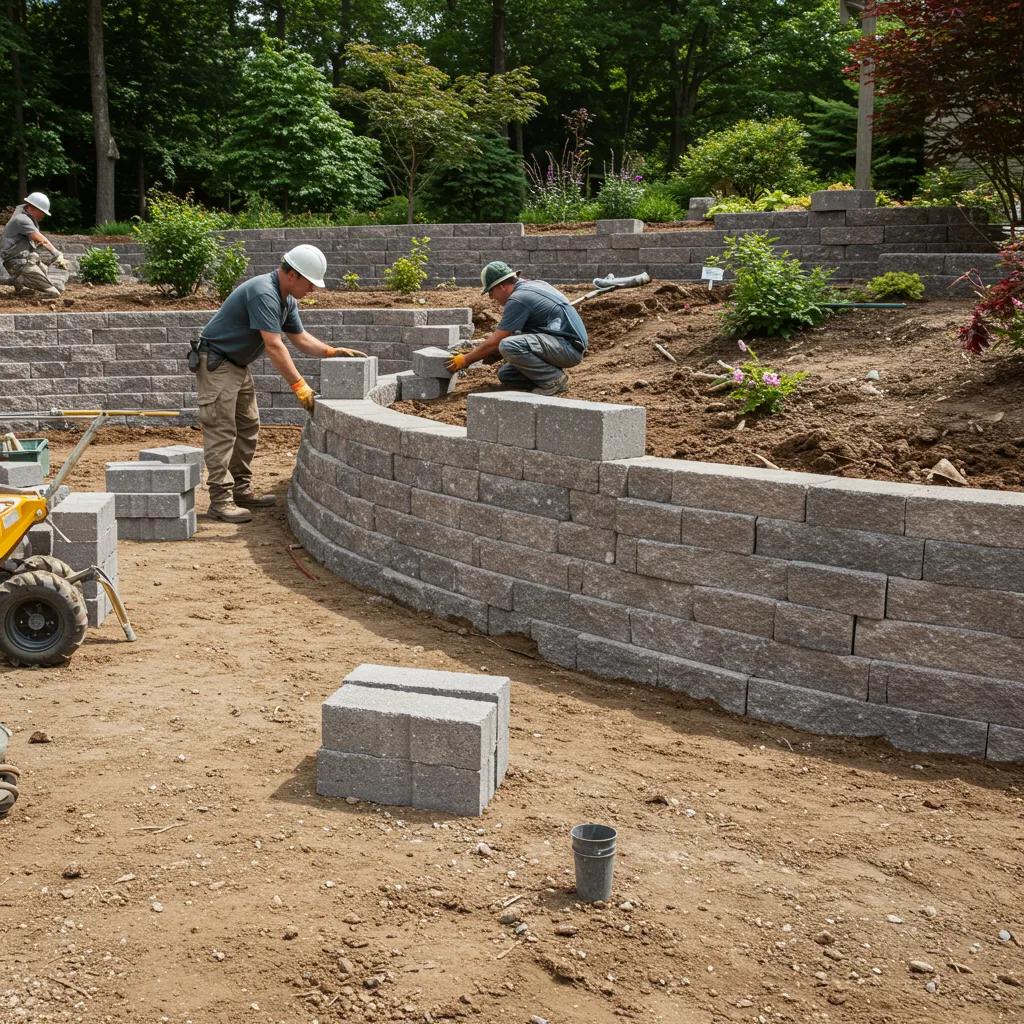 Workers installing interlocking retaining wall blocks in a garden setting