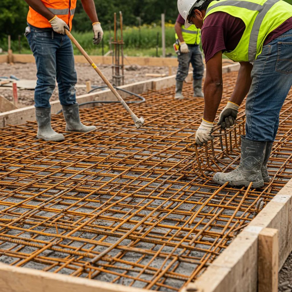 Workers installing reinforcing mesh in a concrete slab, highlighting the importance of precision in construction for structural integrity.